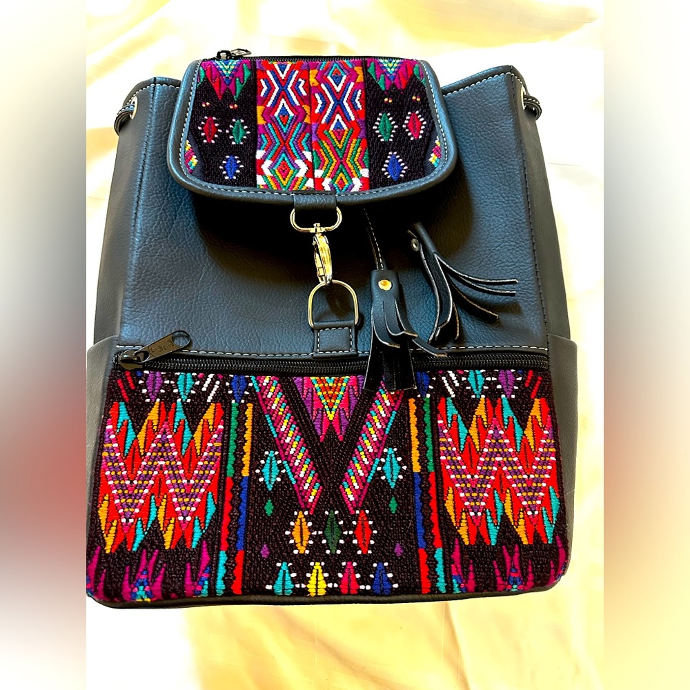 Guatemalan leather backpack with embroidery design